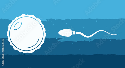 Illustration of a white egg and sperm cell in a blue background with textured fluid layers
