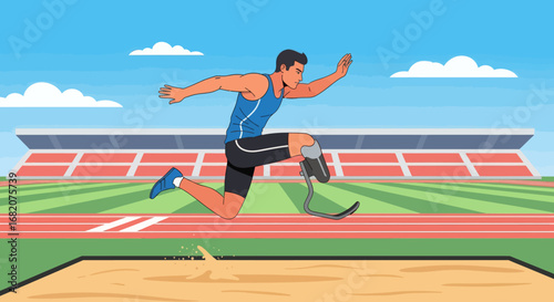 Male paraathlete with prosthetic leg jumping into a sand pit at a stadium under a blue sky with clouds