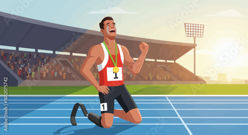 Male athlete with prosthetic leg and gold medal kneels on blue track crying tears of joy in a stadium