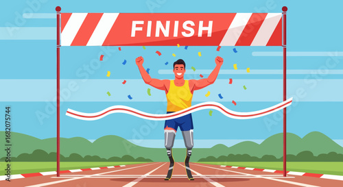 Male runner with prosthetic legs crosses a finish line on an outdoor track arms raised in triumph confetti falling