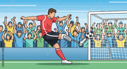 Male soccer player with prosthetic leg kicks ball into goal as cheering crowd watches from stadium stands
