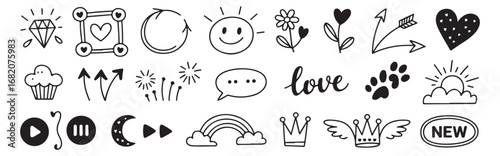 Hand-Drawn Doodle Icons: Hearts, Arrows, Crowns, and More