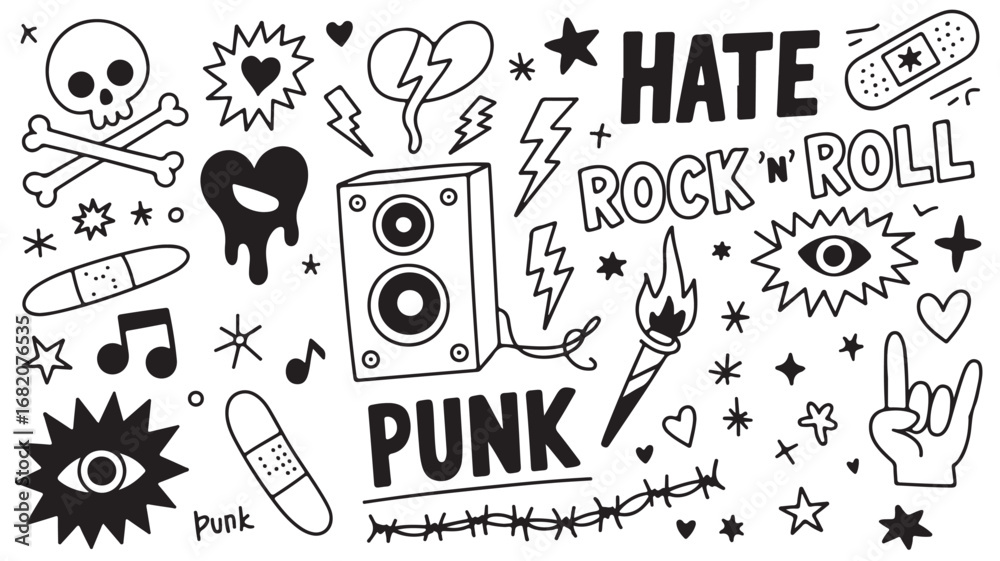 Obraz premium Punk Rock Doodle Icons: Music, Rebellion, and Graphic Design Elements