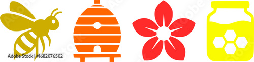 Bee and Honey Elements, golden bee in flight, an orange beehive, a red five-petal flower, and a yellow jar of honey with honeycomb shapes visible.