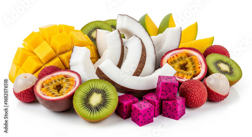 Fresh tropical fruit assortment including mango, kiwi, dragon fruit, passion fruit, lychee, and coconut, isolated transparent background.