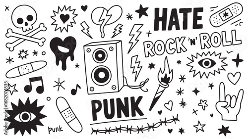 Punk Rock Doodle Icons: Music, Rebellion, and Graphic Design Elements