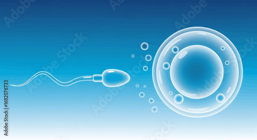 Stylized blue sperm cell approaching an egg cell surrounded by bubbles on a blue gradient