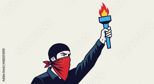 Stylized illustration of a person in a dark beanie and red bandana arm raised holding a blue torch with a fiery flame