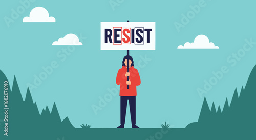 Stylized person in red holds a white RESIST sign red ES black SI against blue sky with clouds and green hills