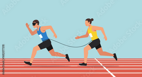 Two runners one blindfolded tethered together on a red track under a light blue sky