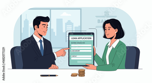 Two professionals at a desk a man in a suit pointing at a tablet with a loan application held by a woman
