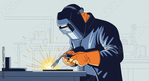 Welder in helmet and orange gloves performing welding on metal with bright sparks in an industrial setting