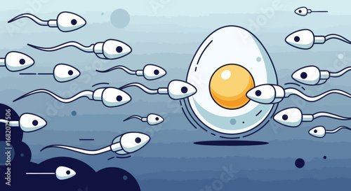 White cartoon sperm swim towards a large egg with yellow yolk on a textured blue gradient background
