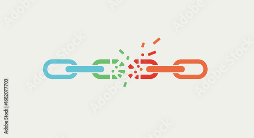 A broken chain with blue green red and orange links on a white background
