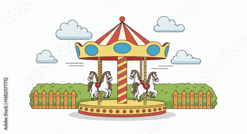 A cartoon carousel with four horses red and white stripes on top surrounded by clouds and a hedge with a wooden fence