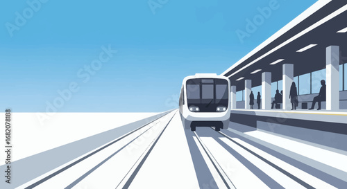 A metro train approaches a platform with waiting passengers under a covered structure