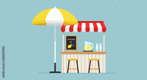 A lemonade stand under a yellow and white umbrella with a sign and red and white striped awning