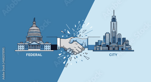 A handshake unites a Federal building and a cityscape divided by contrasting blue backgrounds