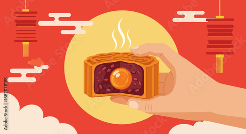 A mooncake with red bean paste and egg yolk is held in front of a yellow moon with red lanterns in the background