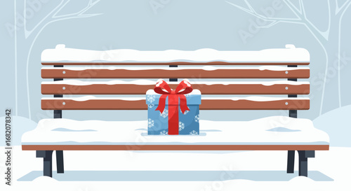 A present sits on a snowcovered park bench in a wintery setting