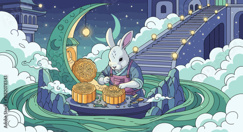 A rabbit baker is crafting mooncakes on an island platform with stairs lanterns clouds and crescent moon behind him