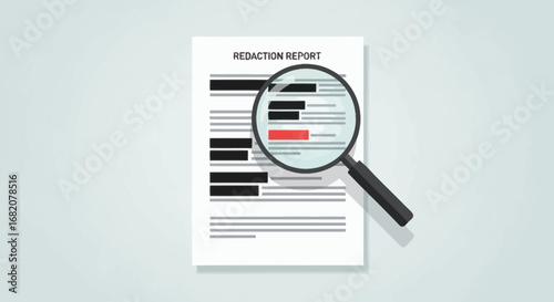 A Redaction Report document is shown with redactions magnified by a handheld magnifying glass