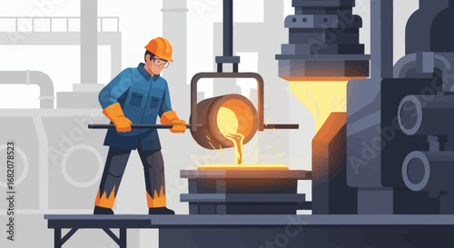 A worker in safety gear pours molten metal from a crucible into a mold in a factory setting