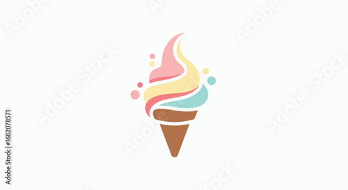 An ice cream cone with pink yellow  blue layers of ice cream w brown cone  small pink yellow  blue polka dots