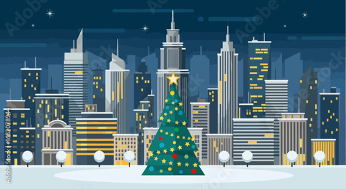 Christmas tree in snowy city scene Skyscrapers and white trees fill the background