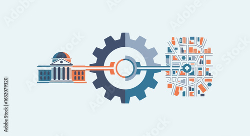 Gear mechanism linking a building with a city map both divided into orange and blue halves