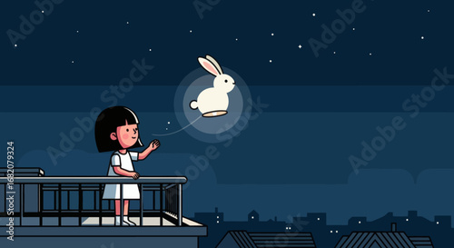 Girl on balcony waves to a flying rabbit under a starry night sky