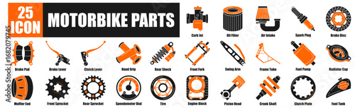Motorbike Parts icon pack dual tone collection set Carb Jet, Oil Filter, Air Intake, Spark Plug, Brake Disc.