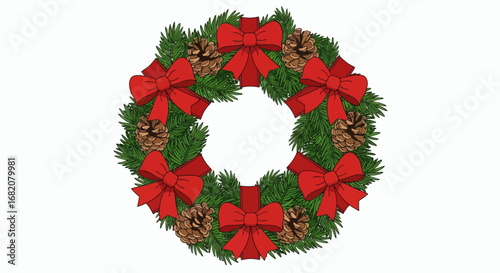 Wreath with green needles pinecones and red bows on white