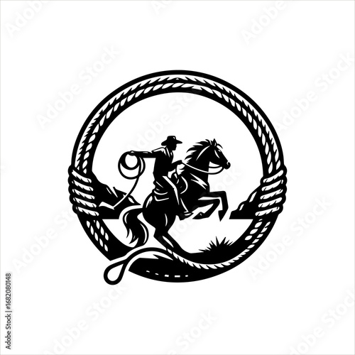 Cowboy with Lasso Vector Logo – Wild West Rodeo Silhouette Design on White Background