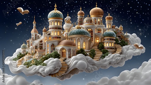 Fantasy palace library floating above clouds glowing under starry night high resolution Image