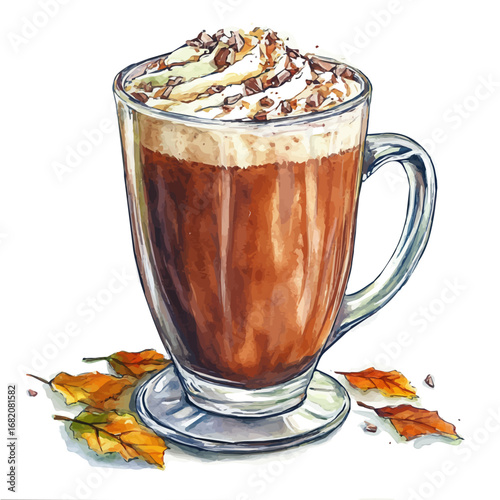 Hot Chocolate Autumn Warmth, watercolor drawing vector, isolated on a white background.