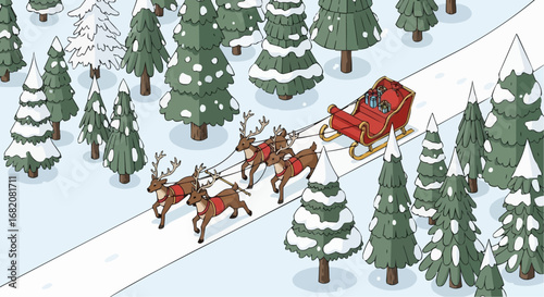 Christmas 2025  santa claus sleigh ride through snowy forest christmas holiday season winter wonderland illustration scene vector
