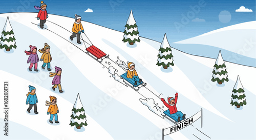 Christmas 2025  winter sledding scene with children sledding down snowy hill having fun winter sports and recreation activity vector