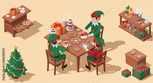Christmas 2025  isometric christmas elves baking cookies holiday scene with christmas tree and gifts illustration vector vector