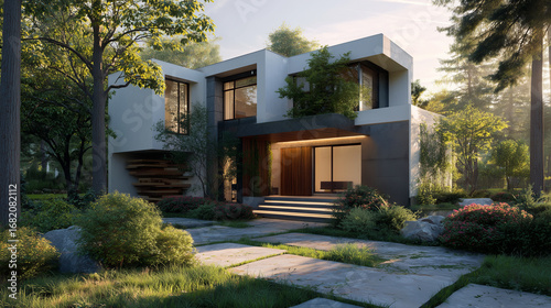 Modern house with wooden facade elements. Exterior design of a house in the forest. Morning.