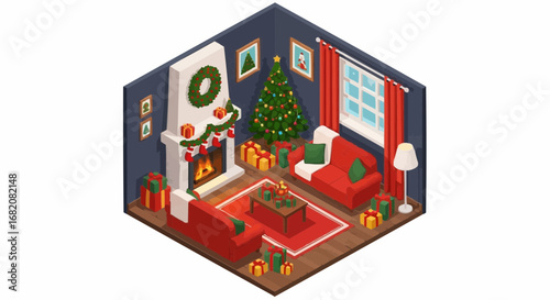 Christmas 2025  isometric christmas living room with christmas tree fireplace gifts and cozy holiday decorations scene vector design vector