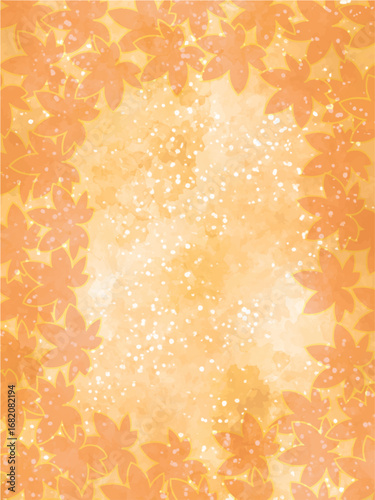 秋の紅葉のイメージの背景素材。水彩風テクスチャー。紅葉の葉っぱのシルエット。セピア調の落ち着いた色調。ふんわりした光の輝き。コピースペース。縦長構図。