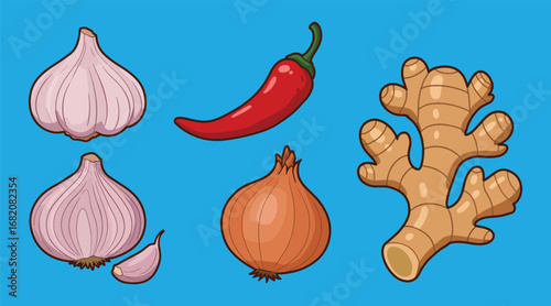A colorful cartoon illustration of essential cooking ingredients: garlic, onion, ginger, and red chili pepper.