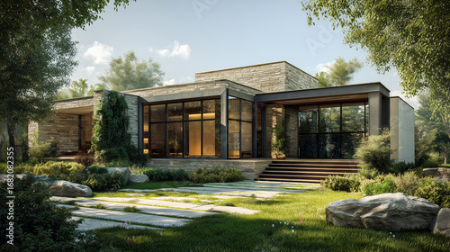 Modern house with garden and stone facade elements. Exterior design.