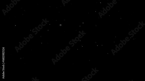 Natural Organic Dust Particles Floating On Black Background. Glittering Sparkling Particles Randomly Spin In The Air With Bokeh. Dynamic Particles With Fast And Slow Motion. Shimmering Dust In Space.	