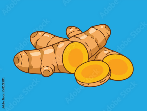 Close-up illustration of fresh turmeric rhizomes, showcasing the vibrant yellow color and texture.