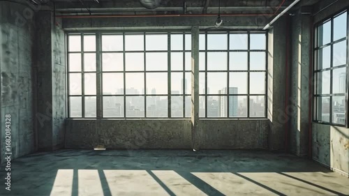 Empty modern building interior with city view