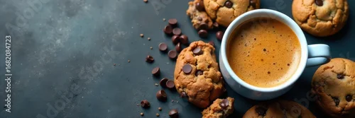 Panel kuchenny z motywem Warm coffee, chewy chocolate chip cookies, slate background Overhead shot , close up, overhead, comfort