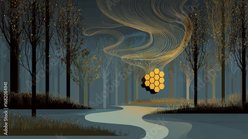 Fantasy bee forest with glowing golden hives in stylized trees for vector backgrounds and presentations