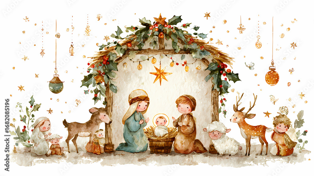 Naklejka premium A Beautiful Nativity Scene Illustration Featuring Baby Jesus, Mary, Joseph, and Animals